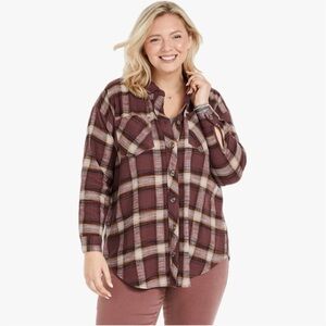 Maurices Cabin Plaid Brown Oversized Flannel Button Down Shirt Womens Size Large